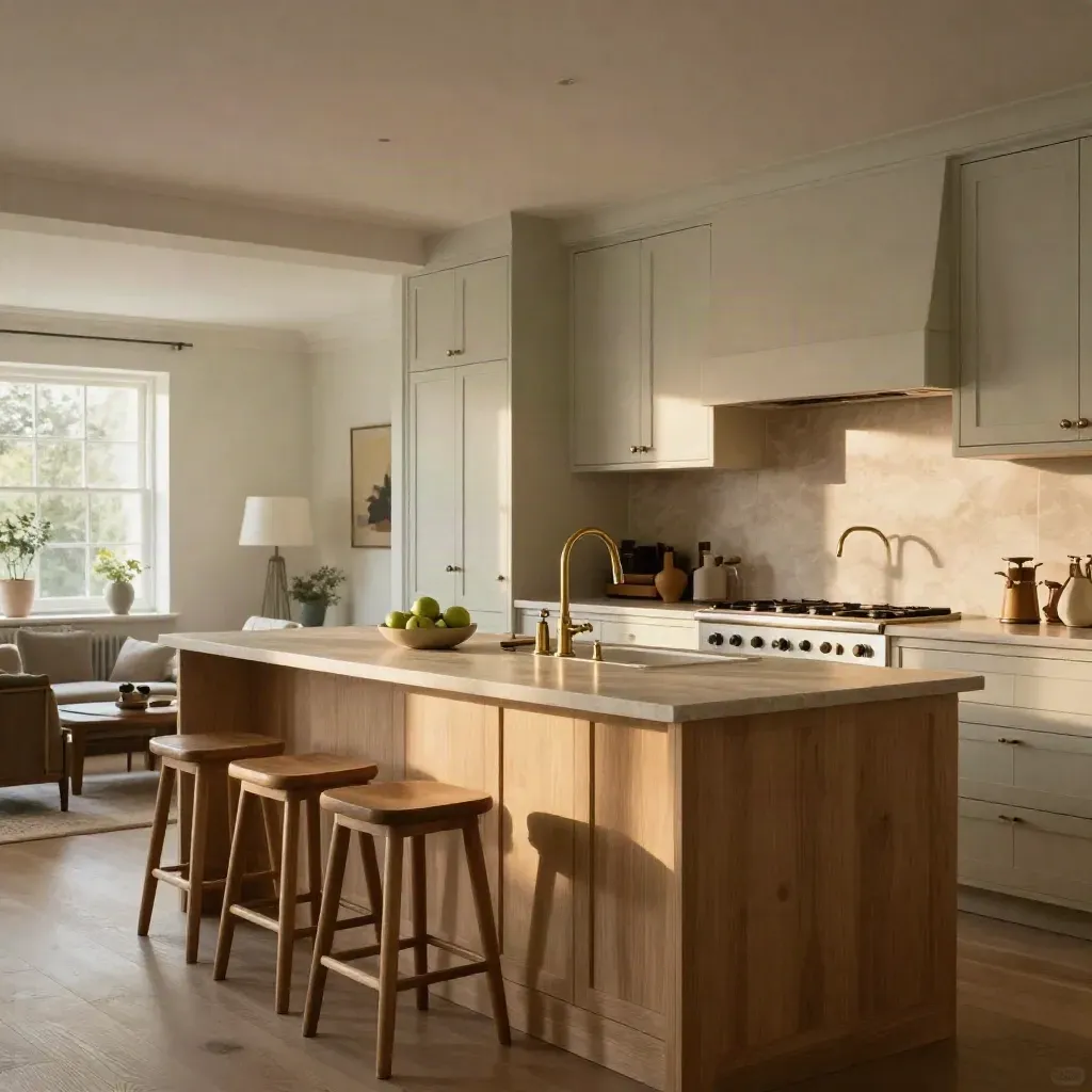 Sunlit open kitchen with pale cabinets, oak island, stools and green apples.