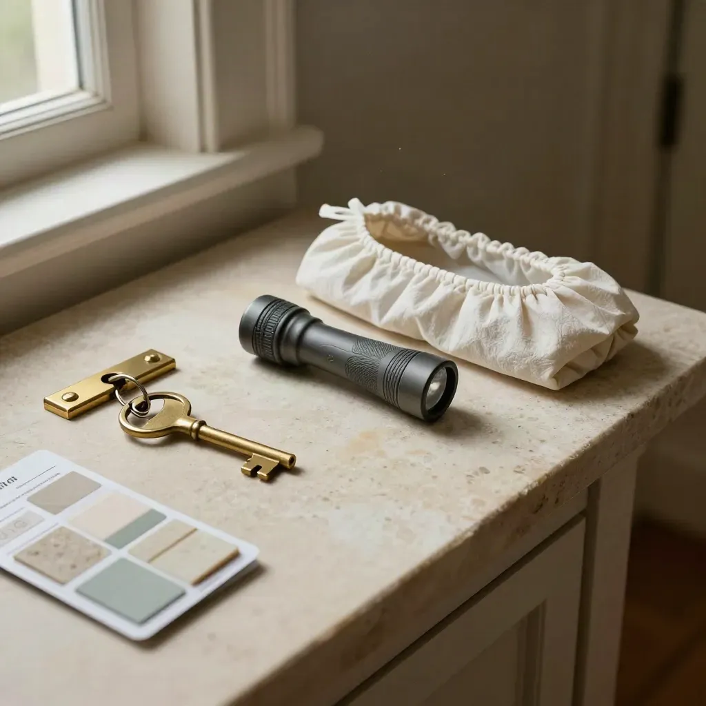 Hallway home-visit kit with brass key, torch, shoe covers and sample chips on a stone console.