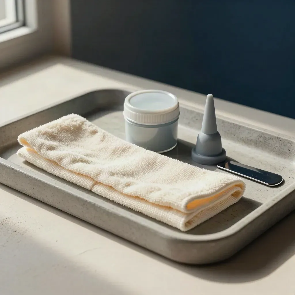 Stone tray with paint pot, cloth, nozzle cap and door wedge in soft daylight