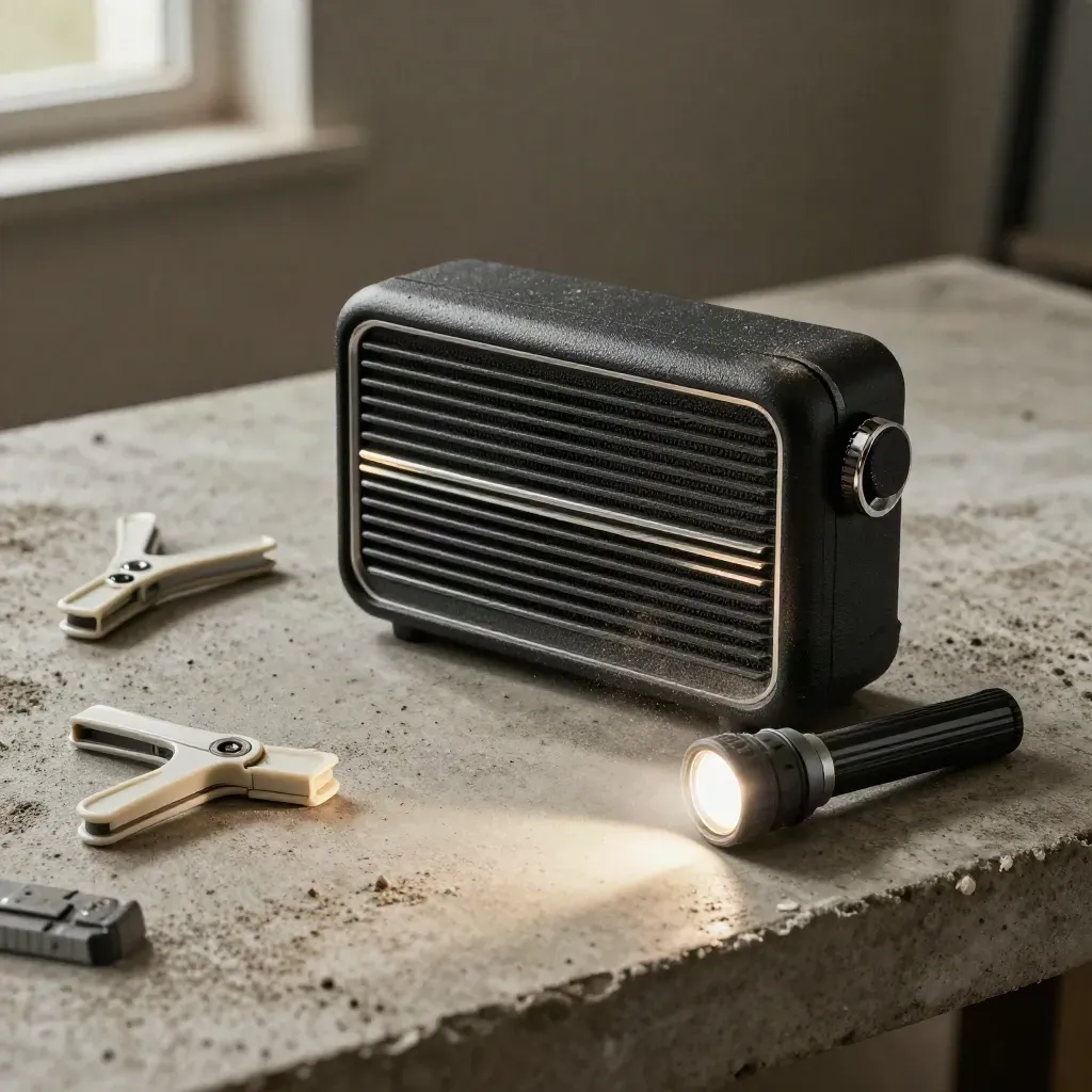 Site radio, torch, cable clips and dust cap on a concrete workbench.