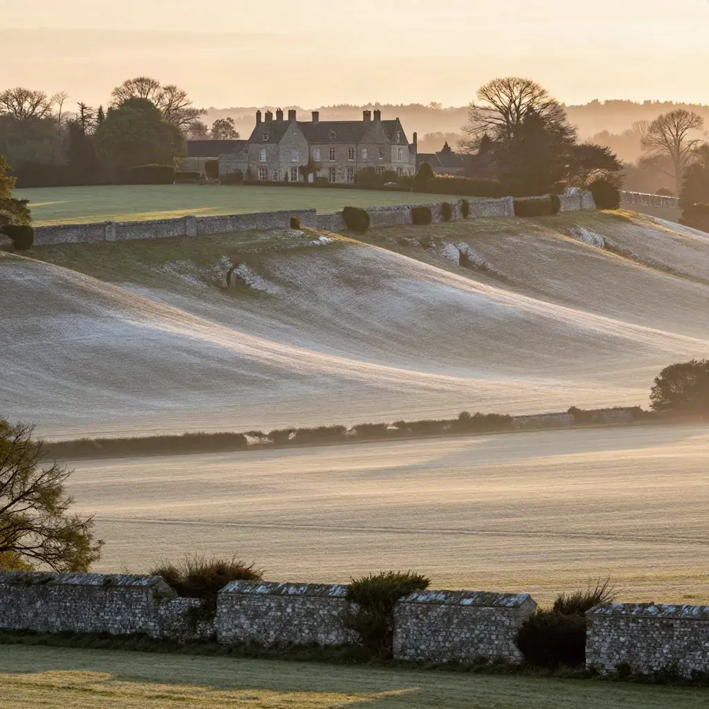 Sunset Surrey landscape with manor roofline, flint walls, chalk downs, hedgerows and mist