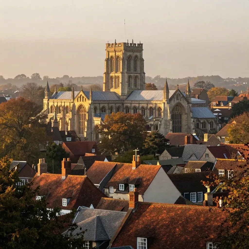 Hazy St Albans cathedral above red-brick roofs and autumn trees at sunset.
