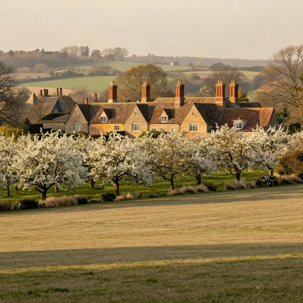 Kent orchard slope with oast houses above open fields in warm golden haze