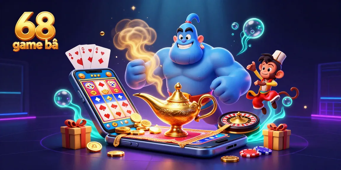 Engage with thrilling gameplay at 68 game bài, featuring a genie, floating poker chips, and vibrant slot action.