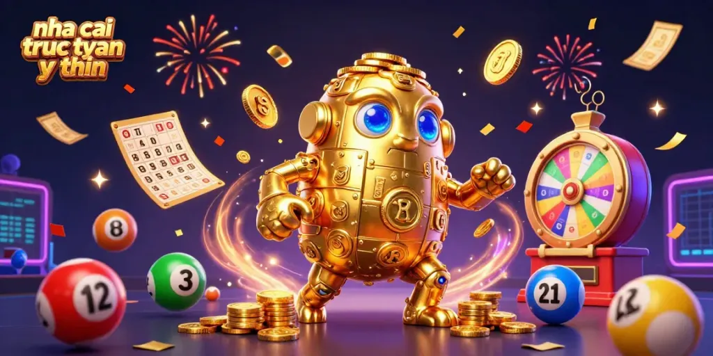 Engaging illustration showcasing nha cai truc tuyen uy tin with a dynamic golden golem, lottery elements, and festive confetti.