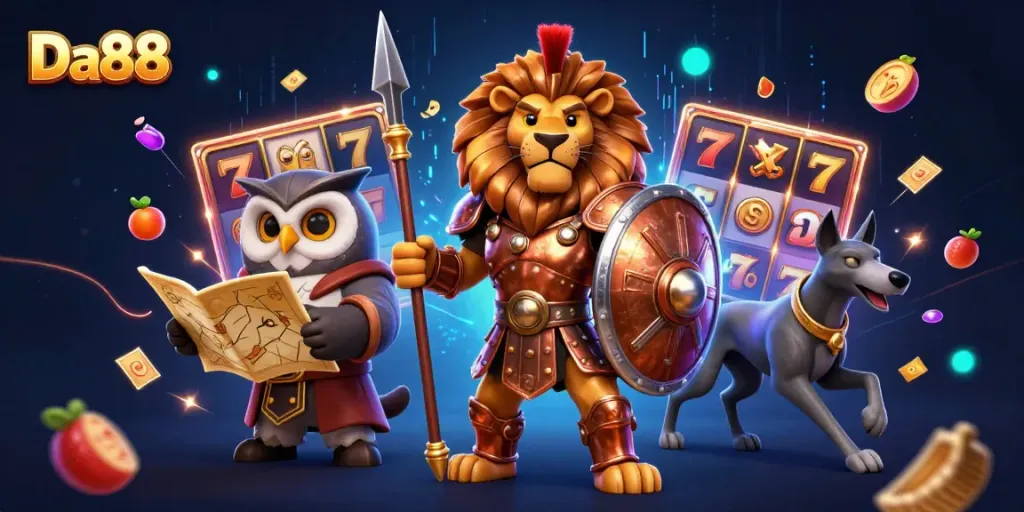 Experience thrilling gameplay at Da88 with a dynamic illustration featuring a Spartan lion and slot machine elements.