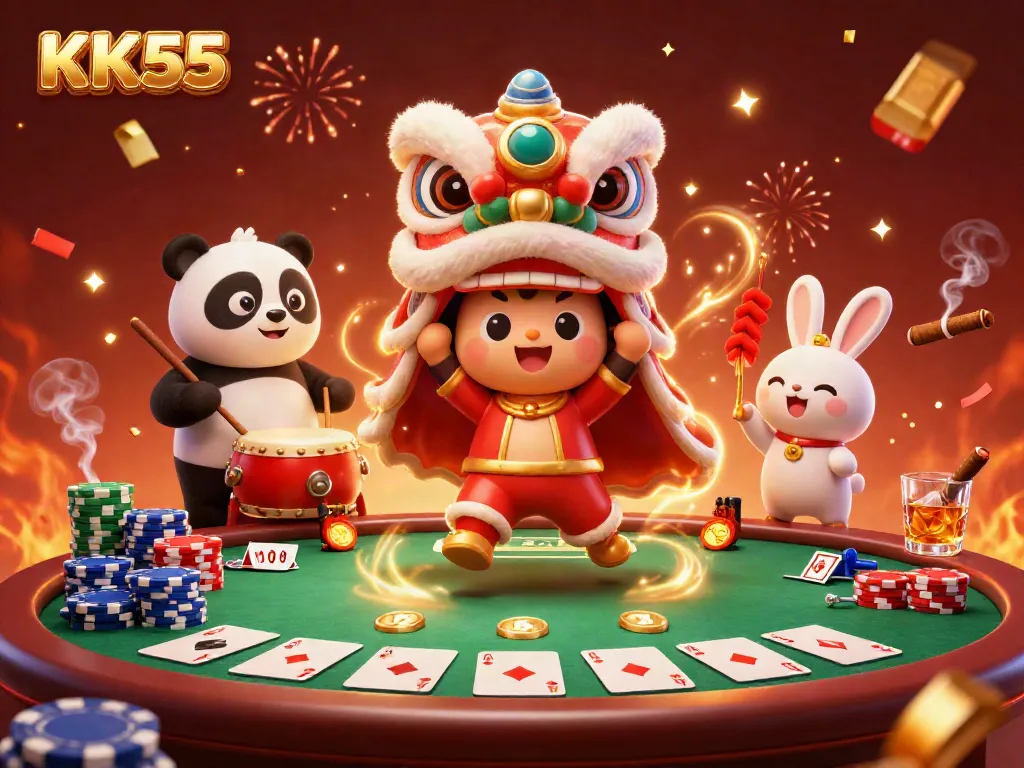 Experience thrilling gaming with the vibrant atmosphere of KK55, featuring lively characters and poker elements.