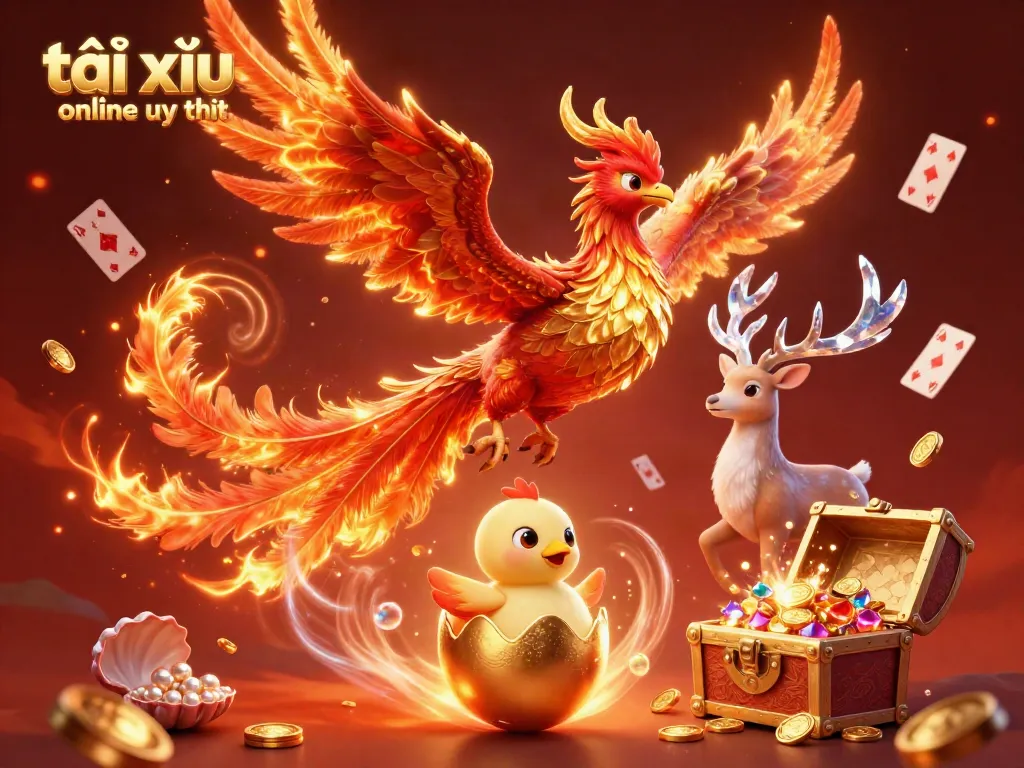 Experience the thrill of tài xỉu online uy tín with an exciting illustration of a phoenix rising, showcasing vibrant casino elements.