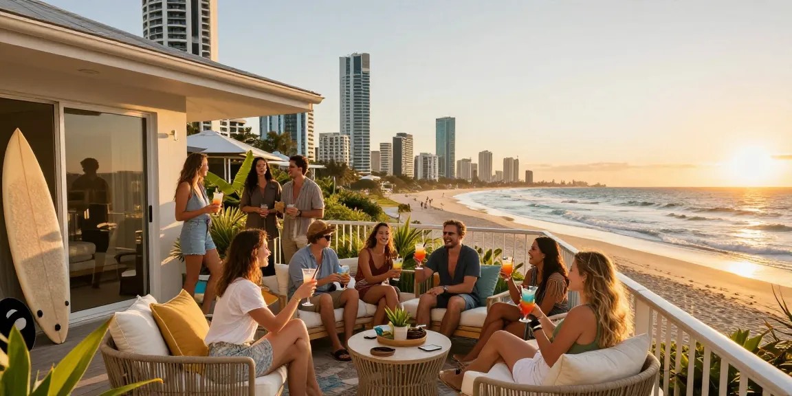 Gold Coast holiday-let management scene capturing a vibrant sunset gathering at Surfers Paradise with friends enjoying beachfront rental ambiance.