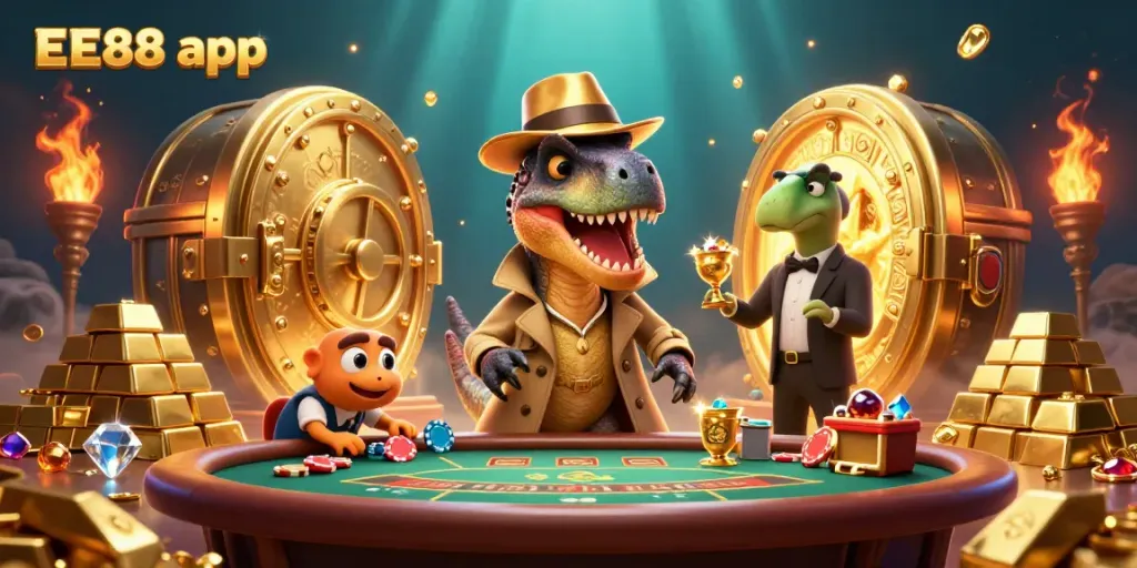Experience the EE88 app with a humorous scene featuring a velociraptor card counter at a casino table.