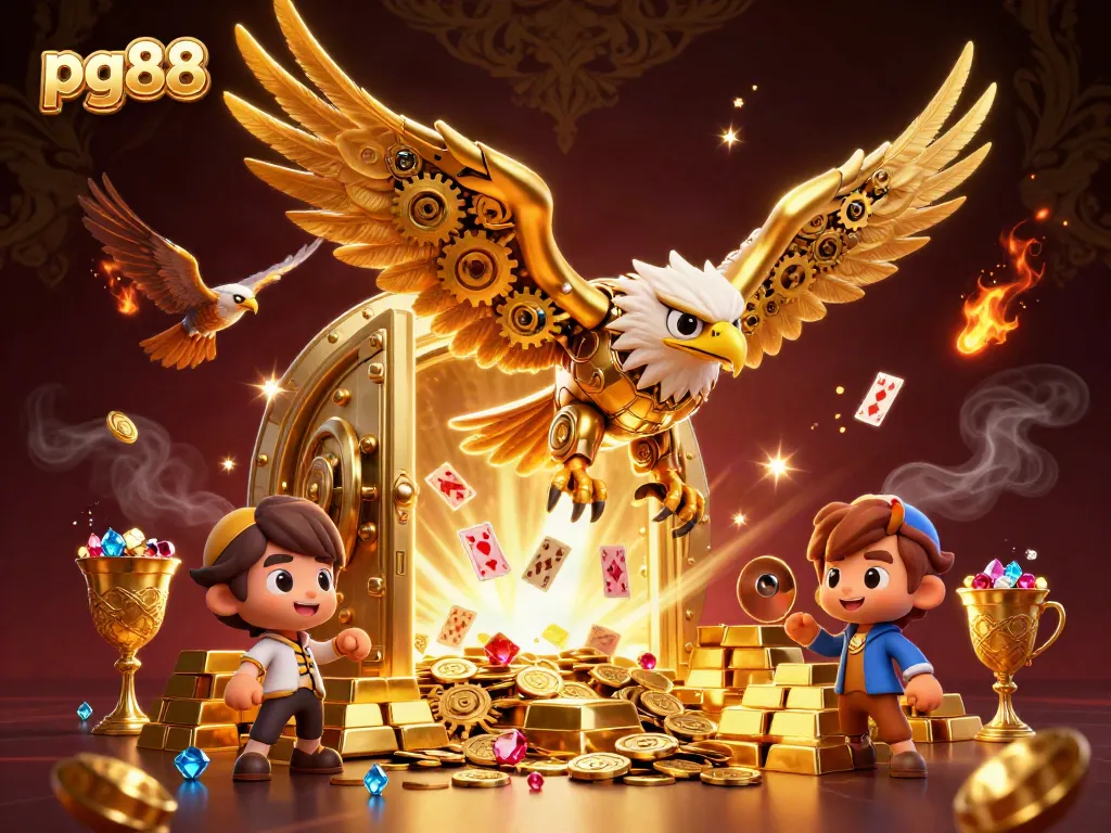 pg88 showcases a cybernetic golden eagle navigating a treasure-filled casino world, enhancing winning strategies.