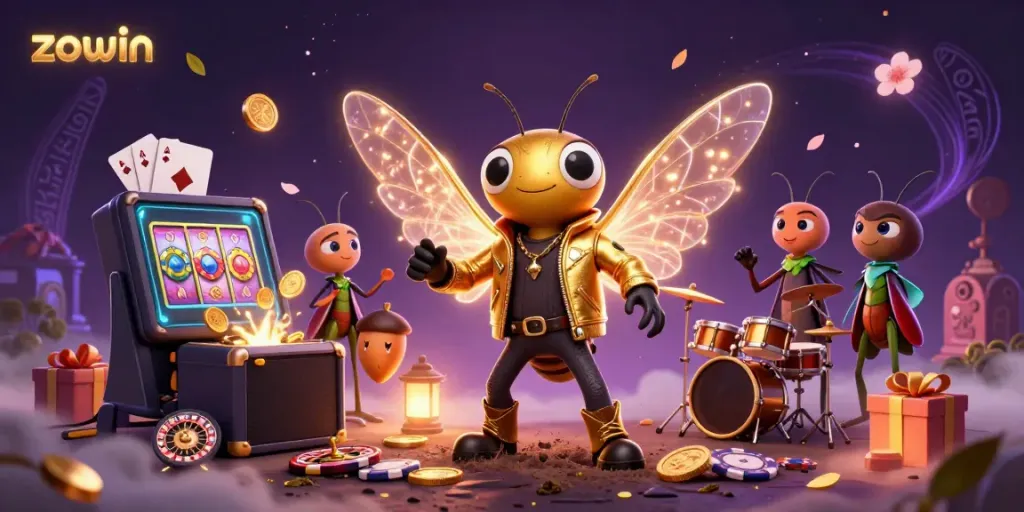 Engaging scene of zowin's 3D character rock star with vibrant game elements illustrating casino excitement and fun.