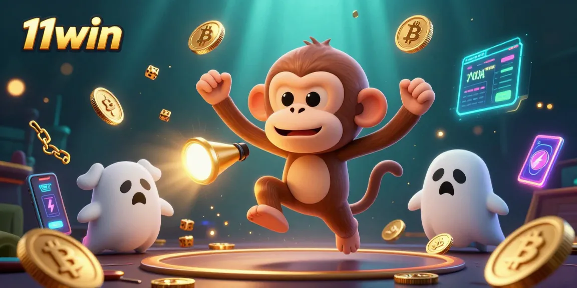 Experience the thrill of 11win with a vibrant 3D casino scene featuring playful characters and crypto elements.