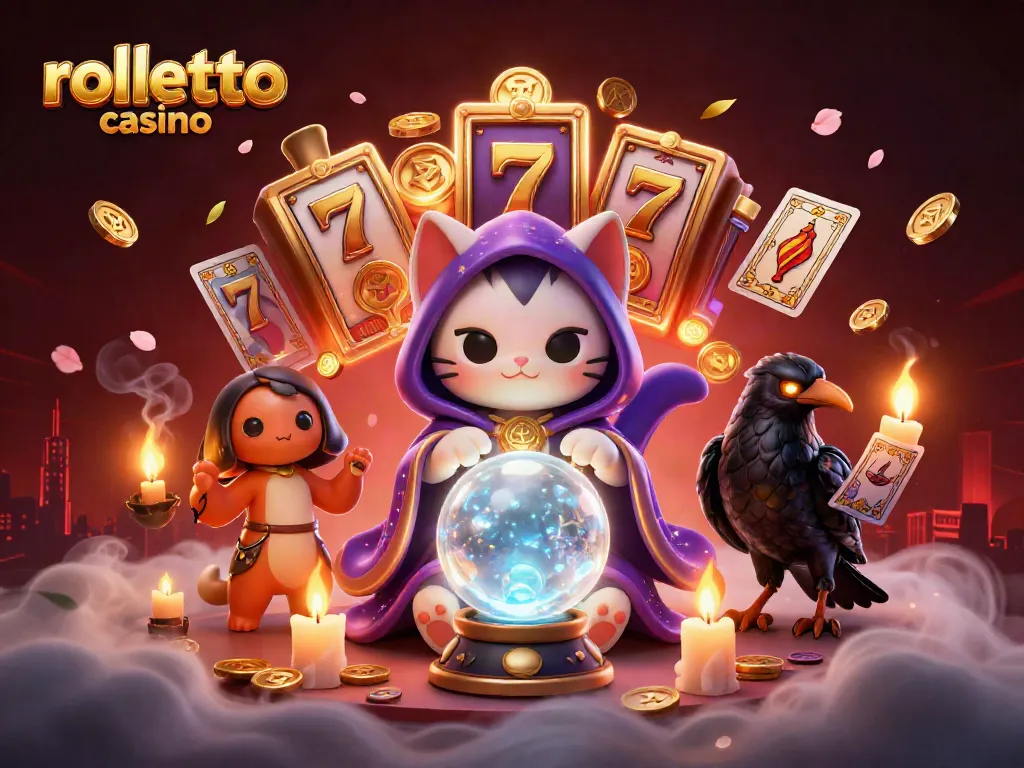Experience rolletto casino's vibrant atmosphere with a mystical cat, raven, and dynamic slot elements.