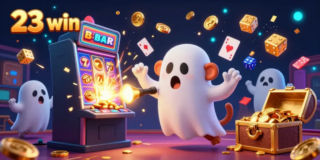 Experience thrilling moments at the 23 win casino with golden coins and charms in a vibrant gaming scene.