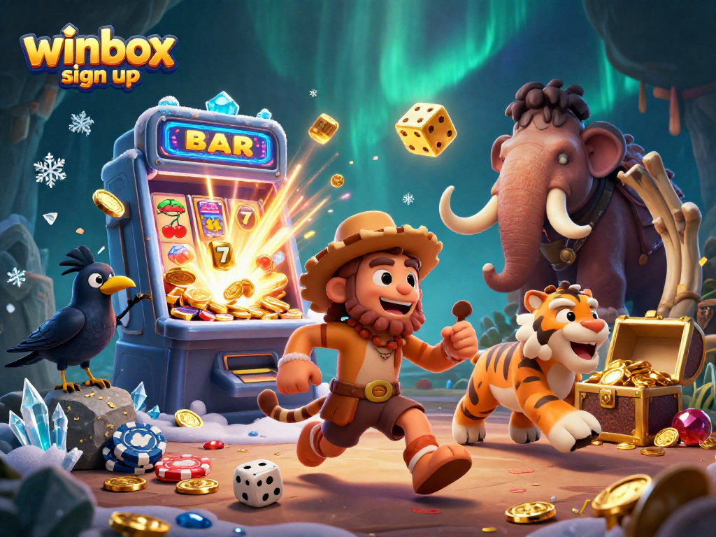 Winbox sign up unlocks a vibrant casino experience with characters amidst slot machines and gold treasures.