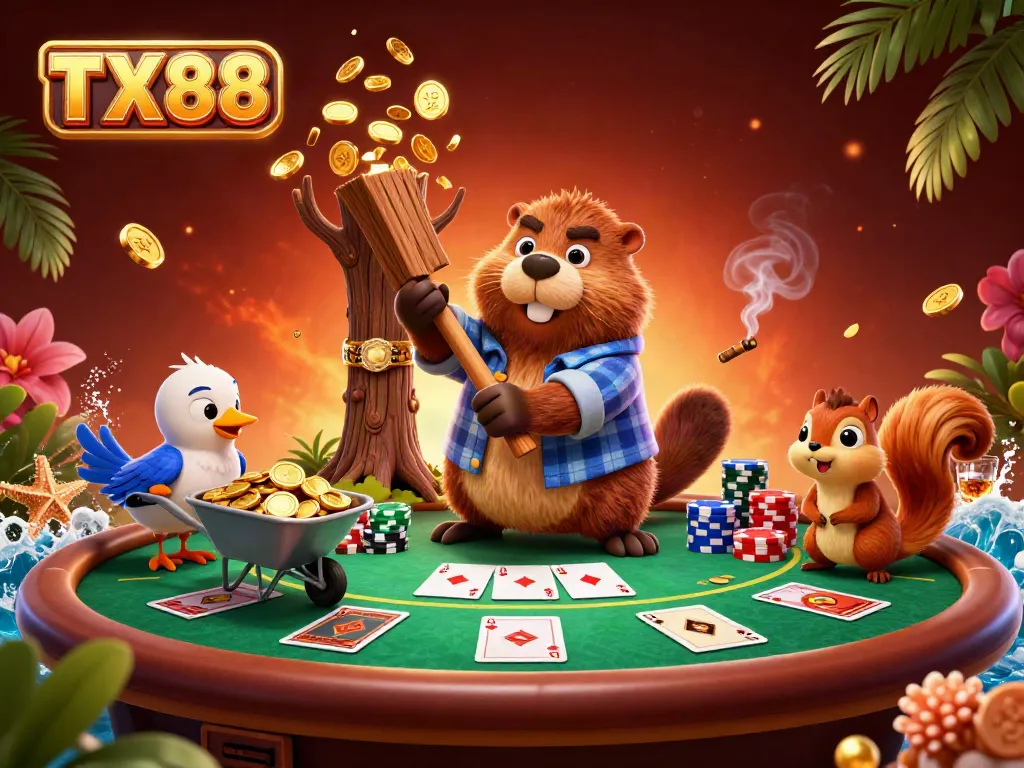 Chop golden coins raining with TX88's lumberjack beaver in a casino setting, poker fun.