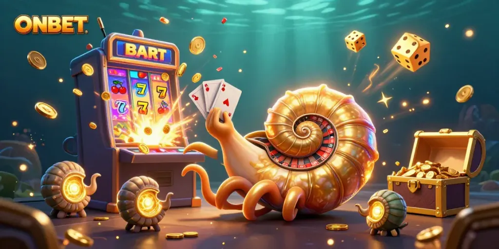 Engage with ONBET’s casino universe featuring a giant nautilus roulette wheel amidst a jackpot explosion.