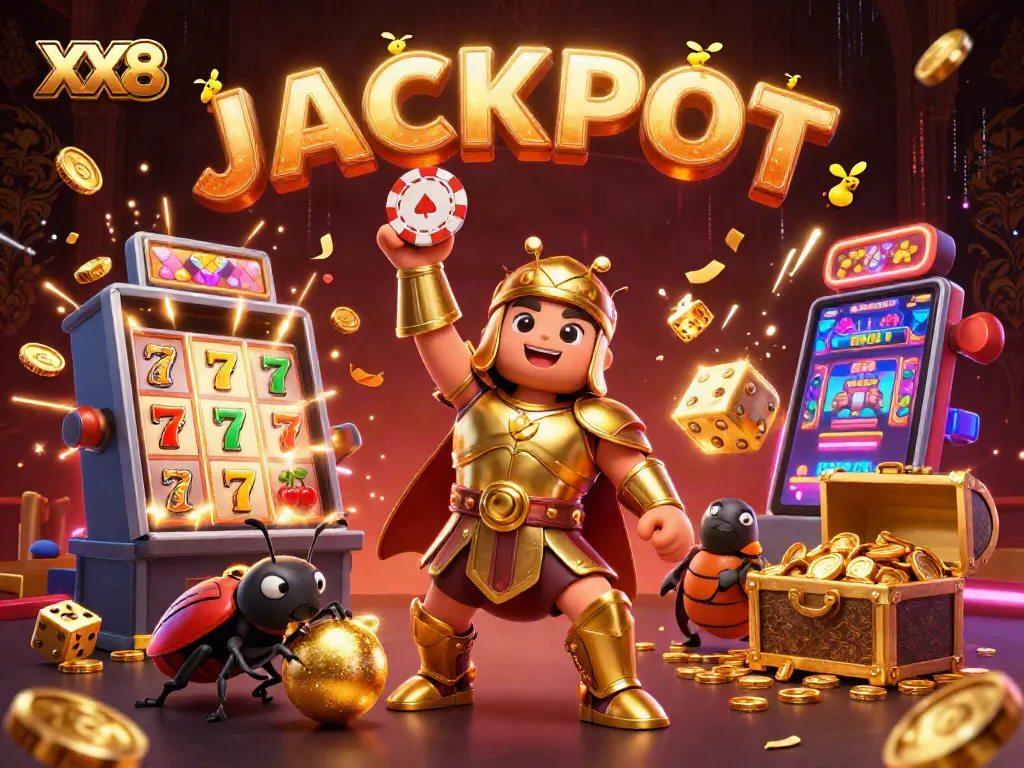Engage in thrilling XX8 games as the victorious beetle lifts a poker chip amidst a dazzling jackpot scene.