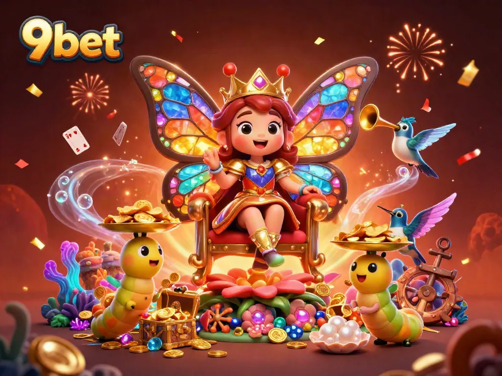 Engage with thrilling casino action at 9bet with a vibrant butterfly queen and treasure elements.