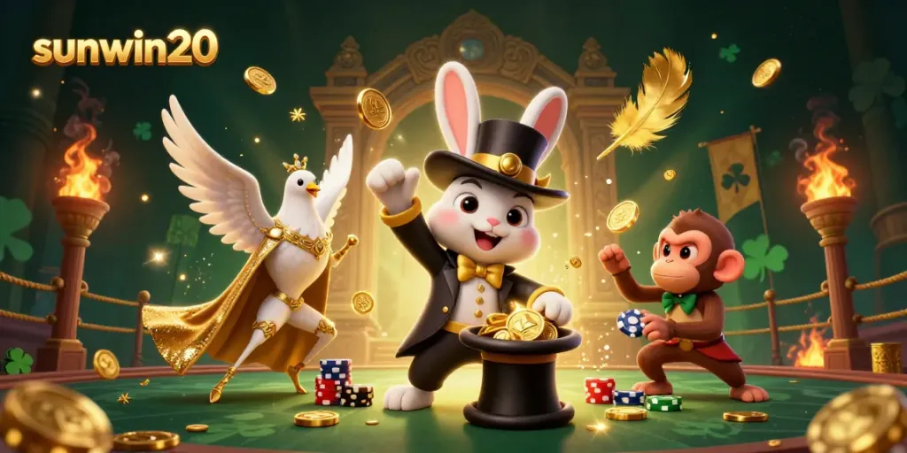 Experience the magic of sunwin20 with a charming rabbit, dove, and monkey in a dazzling casino scene.