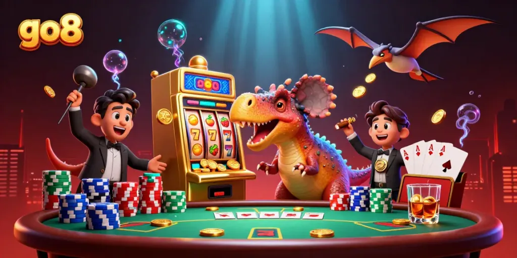 go8’s vibrant casino scene with a pachycephalosaurus winning jackpot coins from a slot machine, highlighting thrilling action.