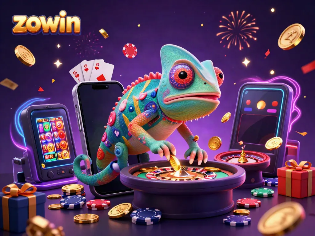 Engaging zwowin casino illustration with a chameleon owner and dynamic gaming elements in action