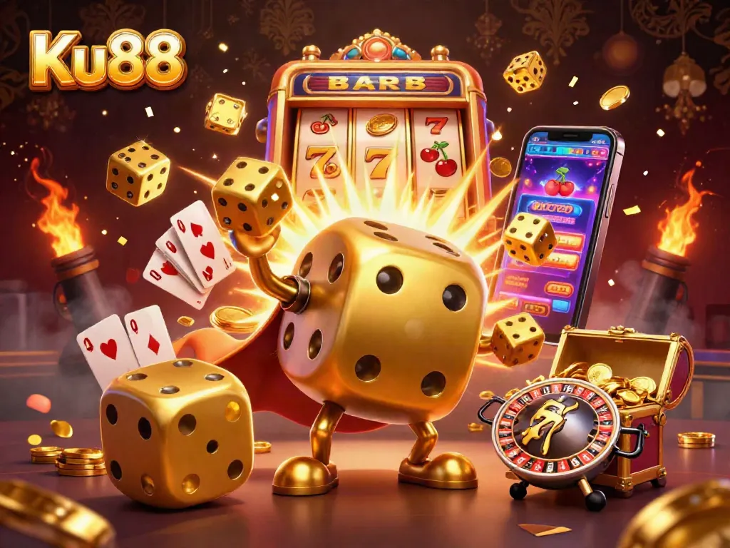 Ku88 offers thrilling casino gaming experiences with golden dice and jackpots in a vibrant scene.