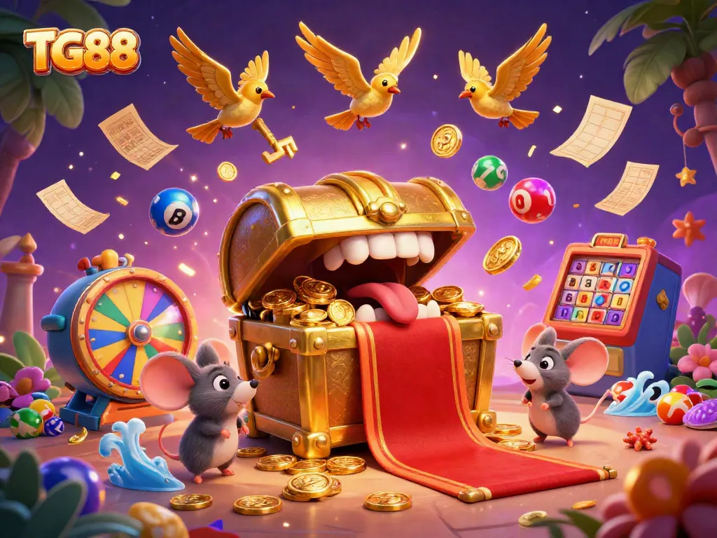 Engage in gaming excitement at TG88 with vibrant lottery balls, treasure chests, and festive effects.
