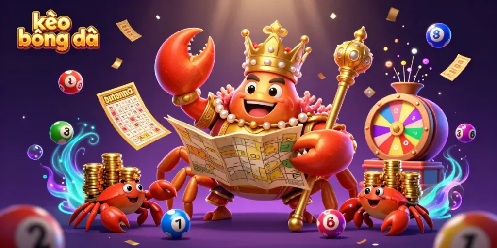 Experience the excitement of kèo bóng đá with a golden crab emperor and vibrant gambling elements in a thrilling scene.