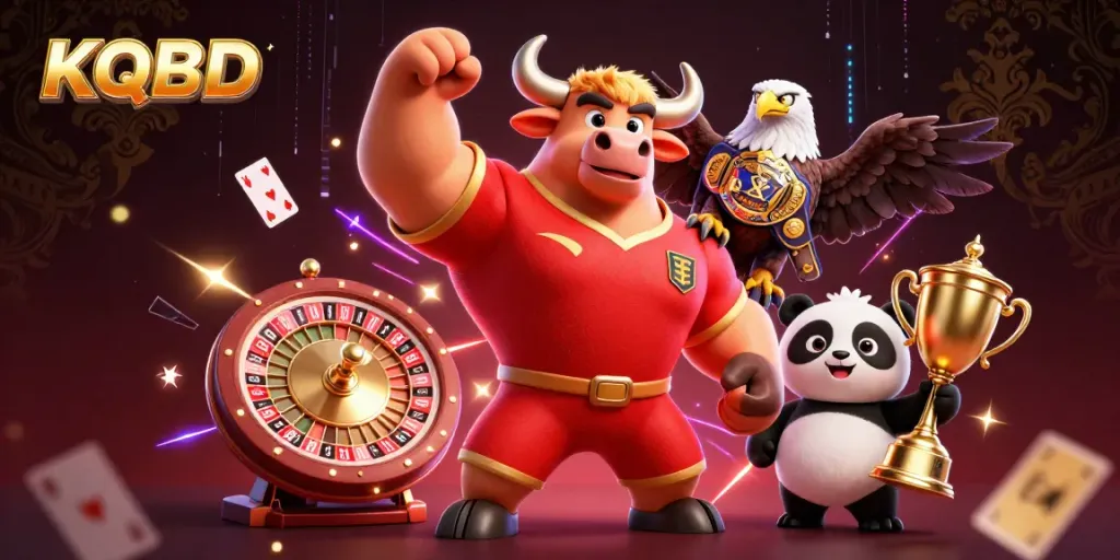 Engaging KQBD sports betting illustration featuring a bull mascot, eagle, and panda with vibrant casino elements.
