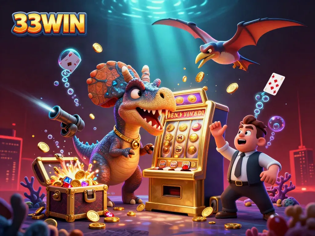 Engage with 33WIN's thrilling jackpot scene featuring a pachycephalosaurus, an ankylosaur, and golden coins flying.