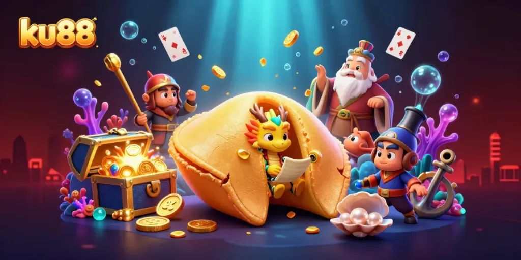 Experience big wins with ku88 at a vibrant online casino showcasing fortune cookies and guardians.