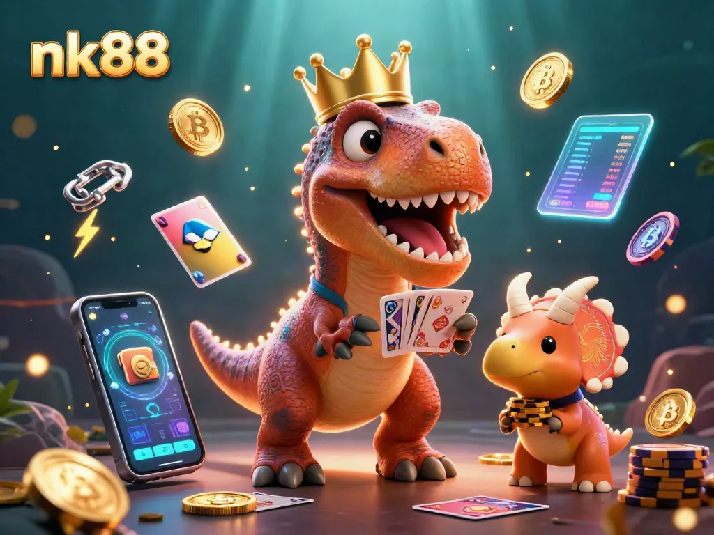 Engage with nk88 while a T-Rex shuffles cards and a pterodactyl assists amid floating crypto elements.