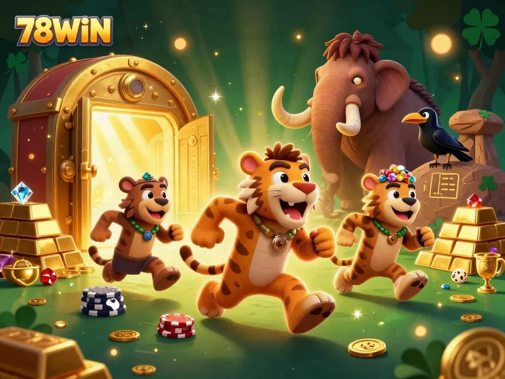 Engage in the thrilling world of 78WIN with a dynamic 3D casino scene featuring exciting characters and vibrant treasures.