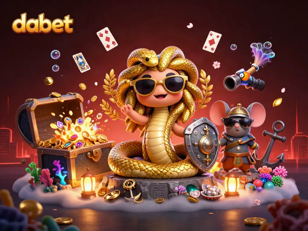 Dabet brings vibrant excitement with characters in a playful casino scene enriched with golden treasures and dynamic gaming elements.