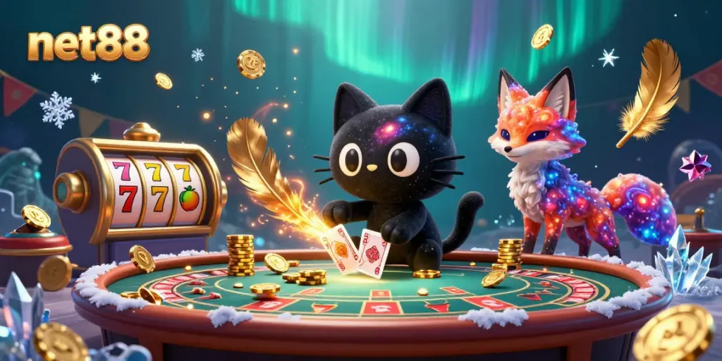 Win big at net88 with a cosmic 3D illustration featuring a black hole cat and colorful fox at a casino table!