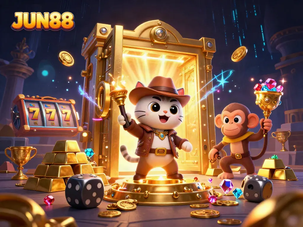 Experience the thrilling excitement of JUN88 with an archaeologist cat exploring a treasure-filled casino!