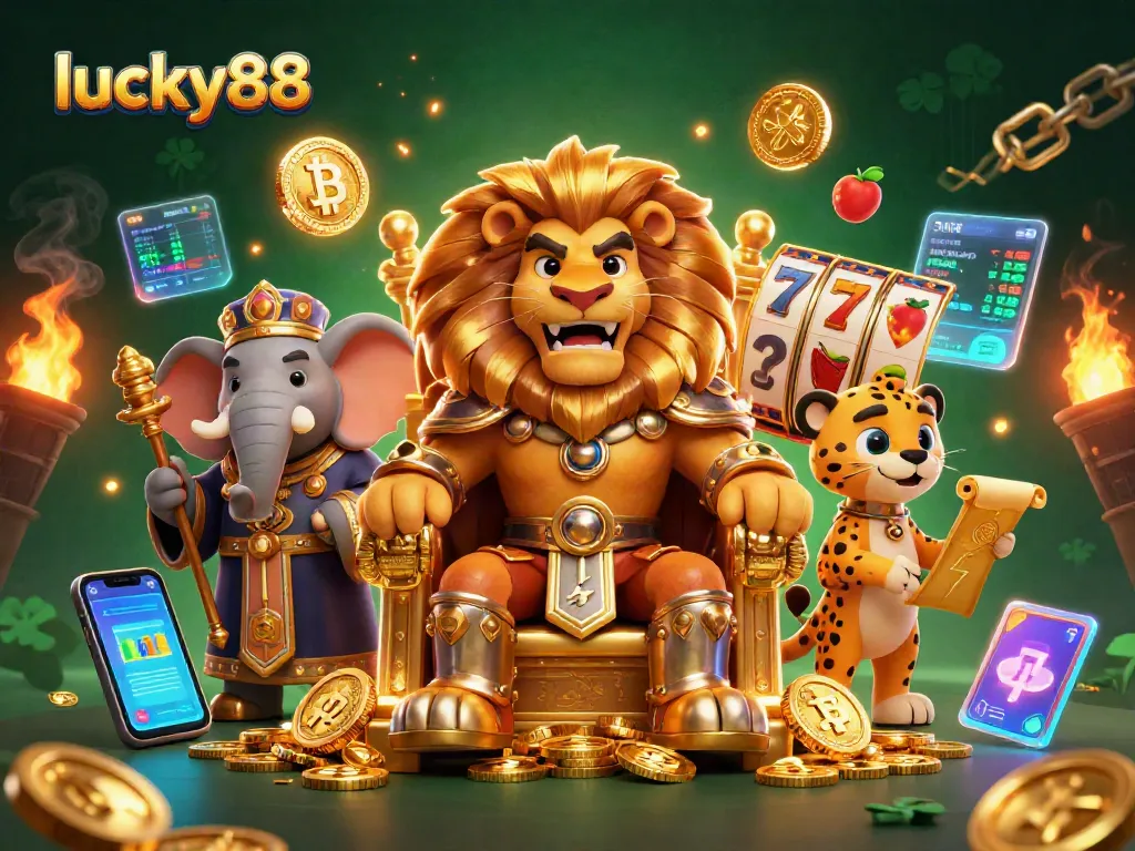 Spin and win with lucky88 in a vibrant casino scene featuring the fierce lion king and majestic game elements.