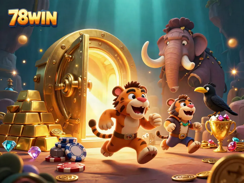 Experience the thrill of gambling with 78WIN in a vibrant, prehistoric casino scene.
