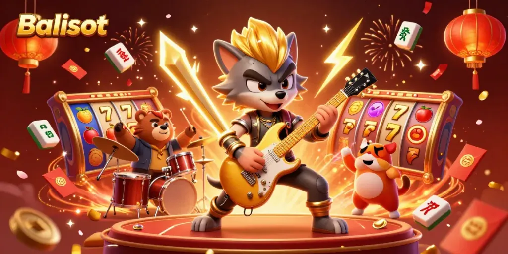Experience the Balislot thrill with a vibrant 3D illustration of gaming excitement featuring dynamic characters and casino elements.