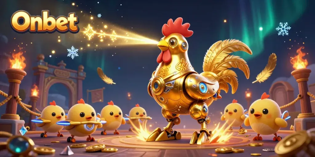 Onbet features a vibrant scene with a futuristic golden rooster robot and baby chick drones, amidst casino elements.