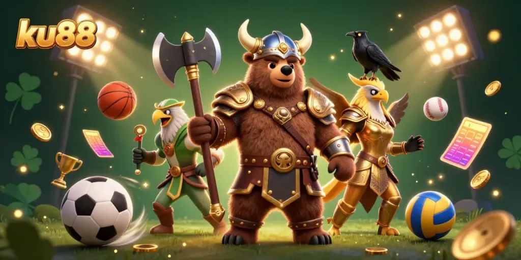 Experience the excitement of ku88 with a 3D illustration featuring dynamic sports elements and engaging characters.