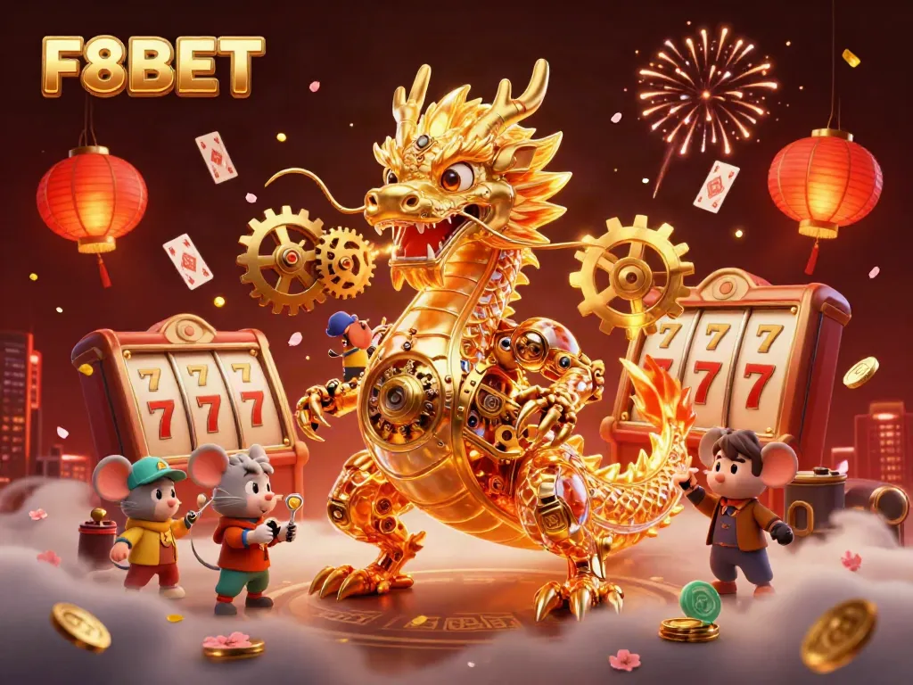 Experience thrilling action at F8BET with golden dragon and slot elements in a dynamic casino scene.