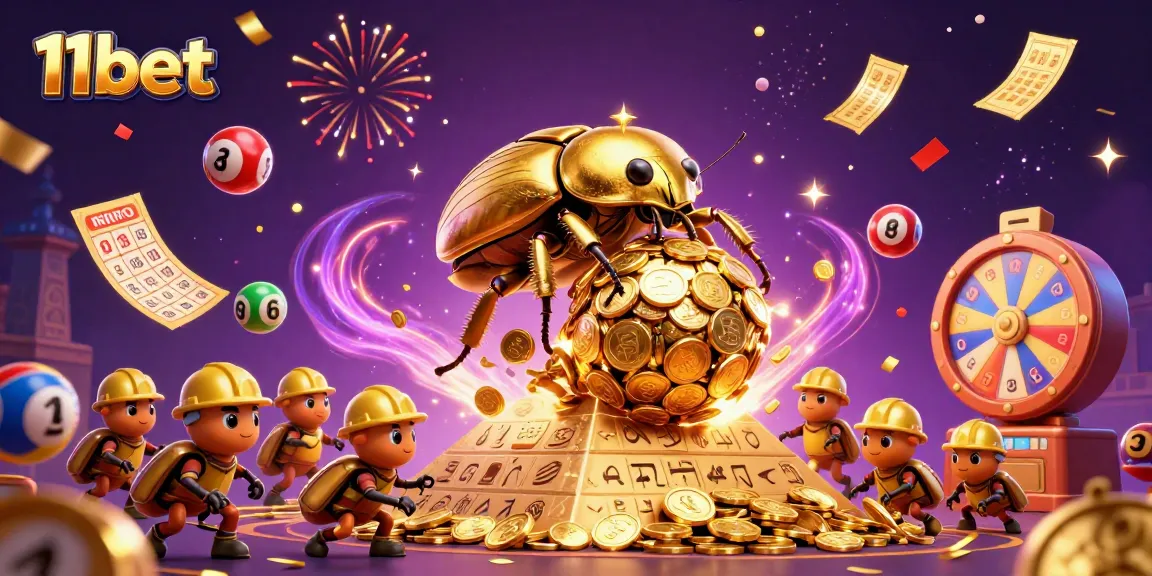 Experience dynamic gaming at 11bet with golden coins, vibrant lottery elements, and lively characters.