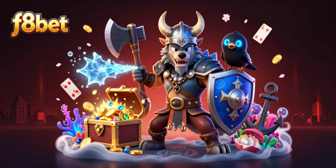 Experience thrilling gaming with f8bet's Viking warrior, dragon, and treasure-filled casino adventure.
