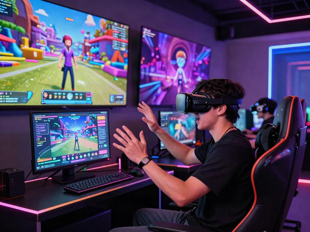 Engaging scene of gamers experiencing a lively sex simulator in a virtual reality environment, showcasing interaction and excitement.