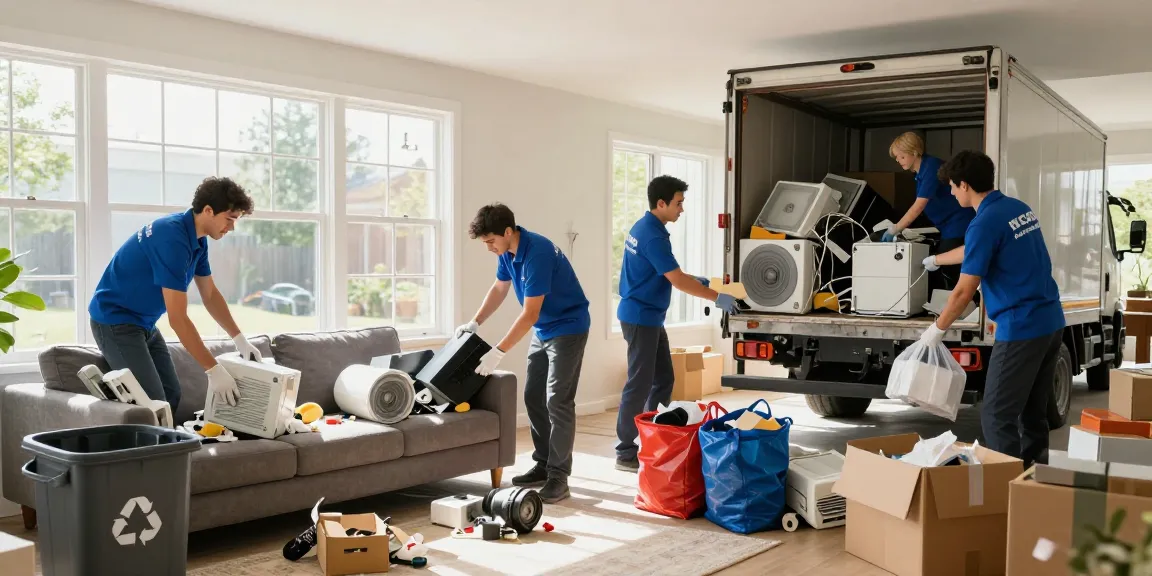 London house clearance team efficiently removing clutter from a living room, showcasing eco-friendly disposal practices and a clean environment.