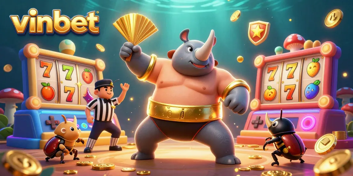 Experience the excitement of vinbet as our sumo champion beetle stomps to send coins flying in this vibrant casino scene.