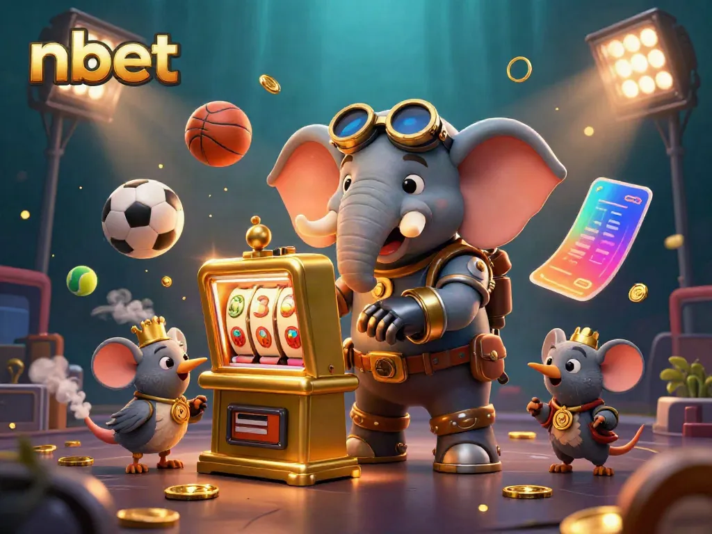 Experience exciting gambling with nbet, featuring a steampunk elephant operating a golden slot machine amidst sports balls and a dynamic atmosphere.